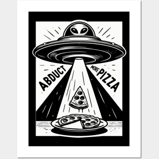 Alien UFO Pizza Abduction Linocut Posters and Art